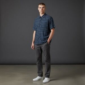 Travis Mathew Mens Short Sleeve Button Down Shirt Navy Blue Stripe Size L